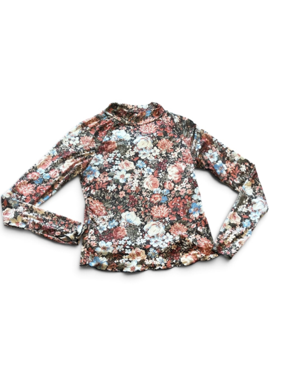 Dealmore Floral Long Sleeve Mesh Top, Size S, Black Multi-color